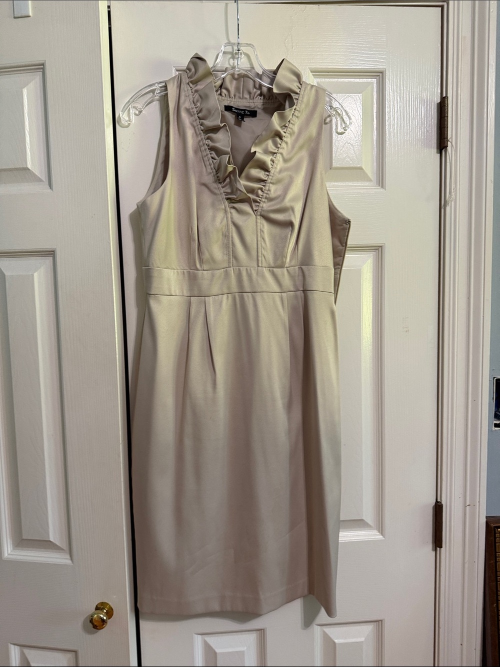 Sleeveless Ruffle V-Neck Midi Dress in Light Beige